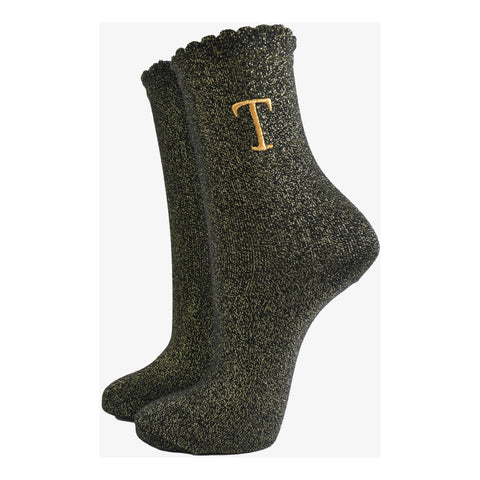 Gold Initial Glitter Socks - Various