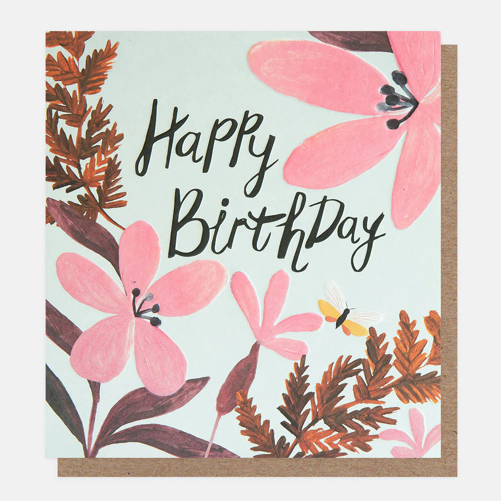 Pink Flowers And Butterfly Birthday Card