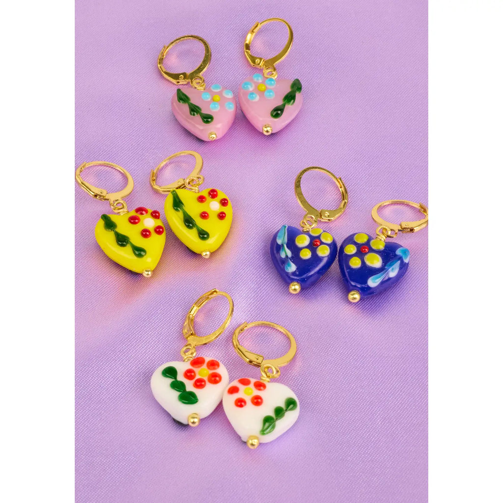 Heart Glass Bead Dangle Earrings - Various Colours