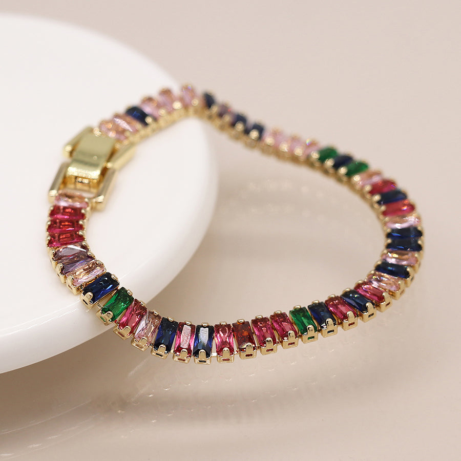 Golden Tennis Bracelet With Multicoloured Crystal