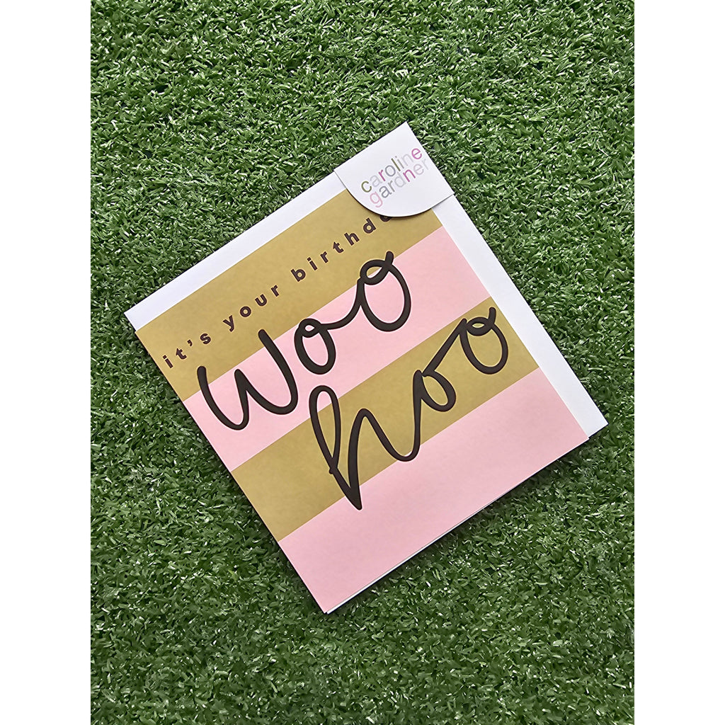 Woo Hoo Green And Pink Stripe Card