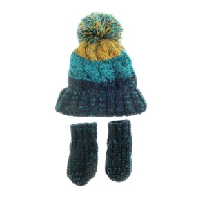 Baby's Teal, Mustard and Blue Cable Knit Bobble Hat and Mittens