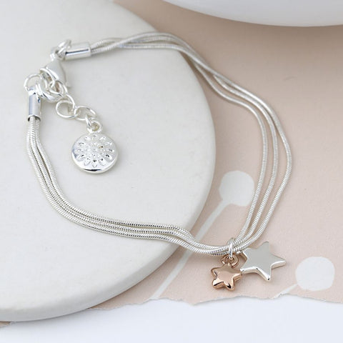 Triple Chain With Rose Gold & Silver Stars Bracelet