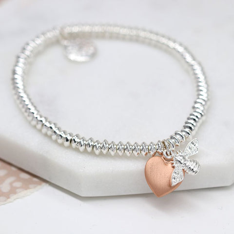 Silver Bead Bracelet With Rose Gold Heart & Bee