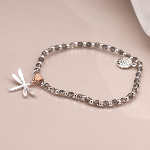 Crystal Bead Silver Dragonfly Heart Bracelet
