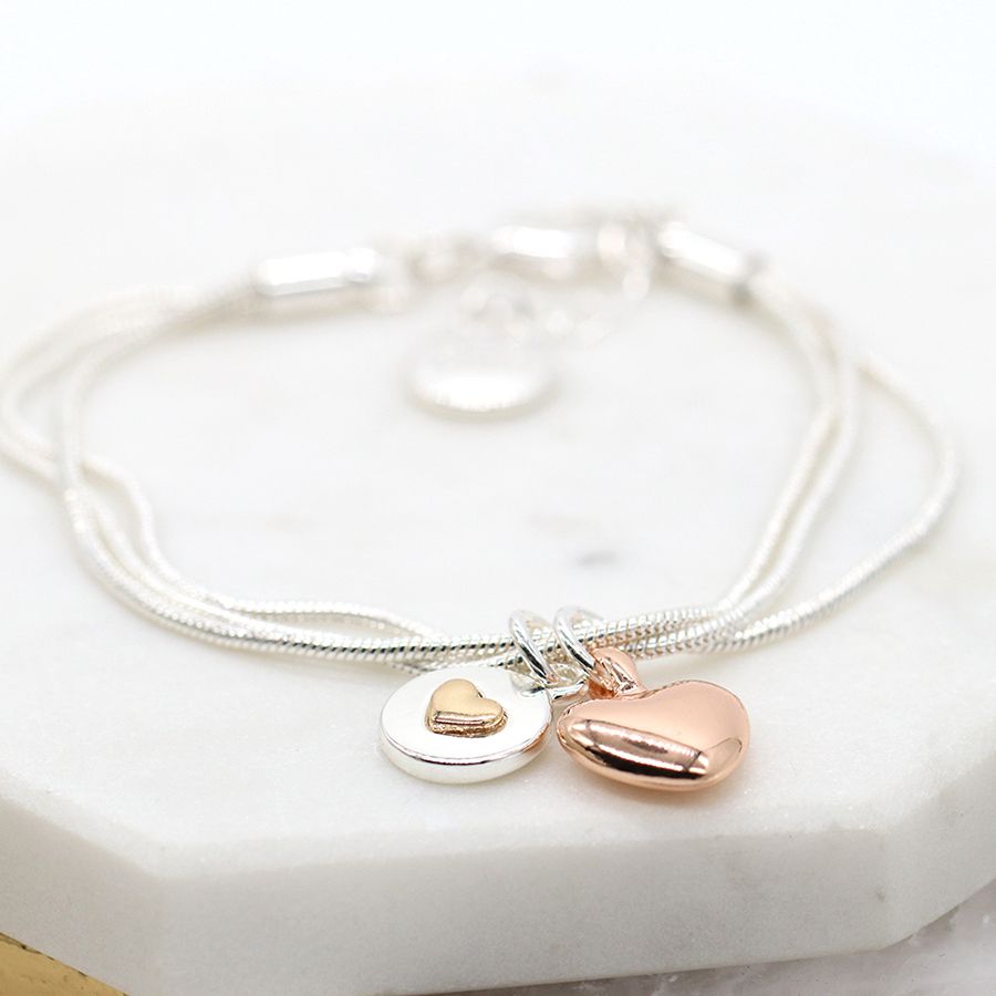 Triple Strand Silver and Rose Gold Double Heart Charm Bracelet