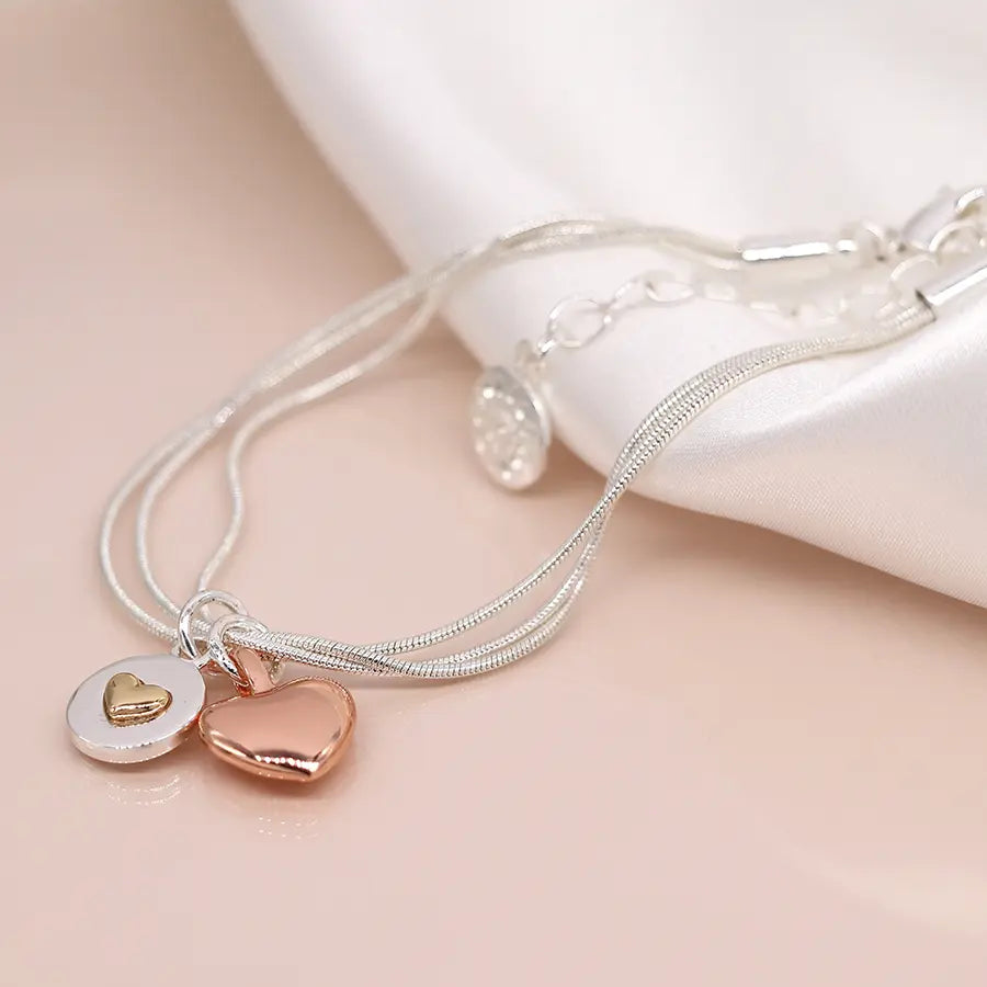 Triple Chain With Rose Gold Double Heart Bracelet