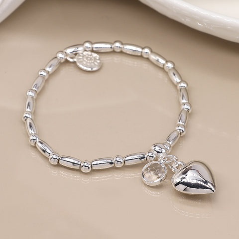Silver Plated Stretch Bracelet With Crystal And Heart Charm