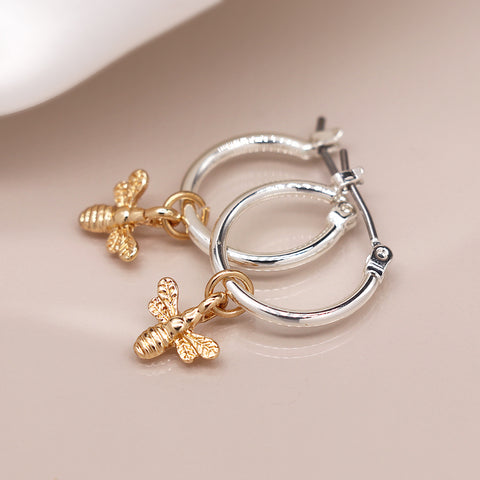 Silver Plated Hoop Earrings With Golden Bee Charm