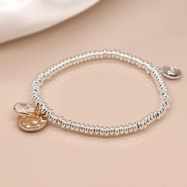 Silver plated bead bracelet with golden disc and crystal