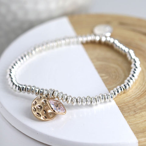 Silver Bead Bracelet with Golden Disc and Crystal
