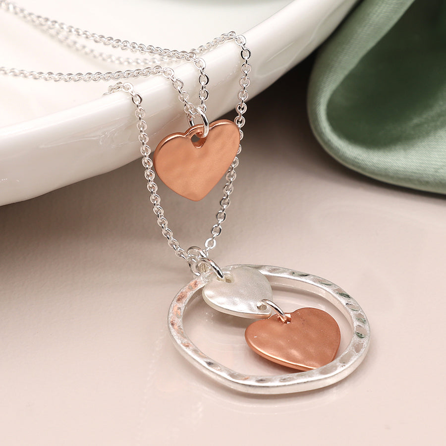 Silver and Rose Gold Triple Heart and Hoop Layer Necklace