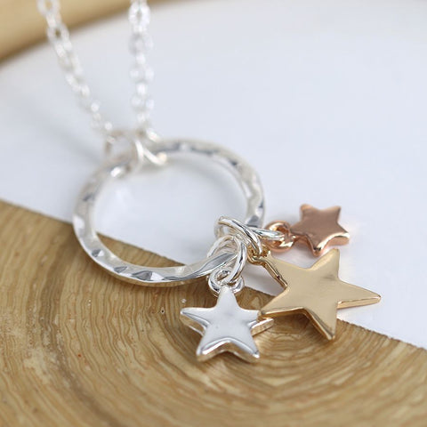Silver Necklace with Triple Stars and Hammered Hoop