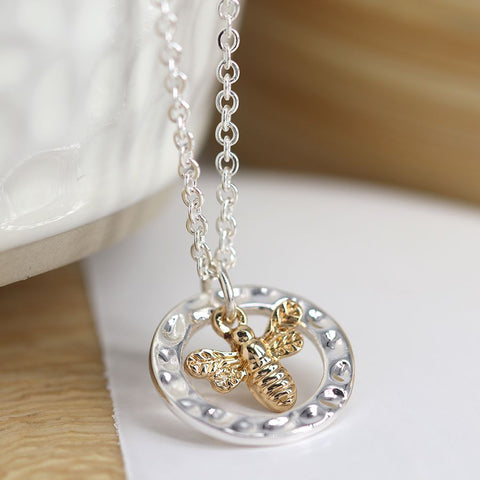 Hammered Hoop & Gold Bee Necklace