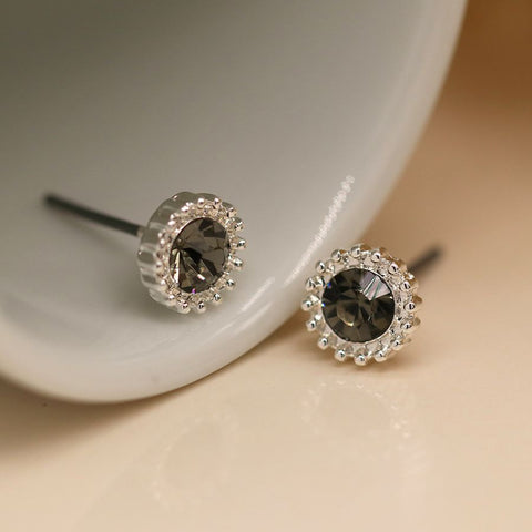 Silver Decorative Edge Smoky Crystal Stud Earrings