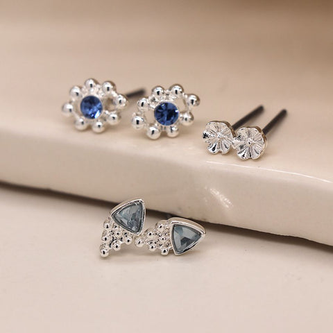 Silver Triple Stud Set with Blue Crystal