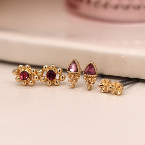 Gold Triple Stud Set with Pink Crystal