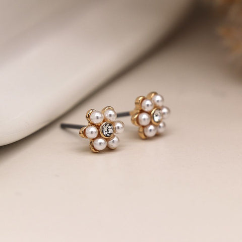 Gold and Pearl Crystal Flower Studs