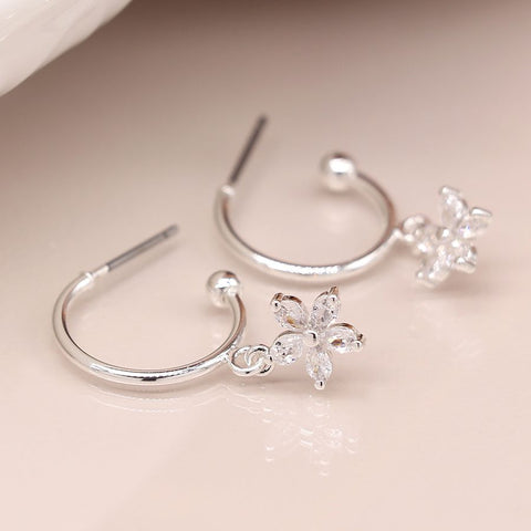 Silver Hoop and Crystal Flower Drop Earrings