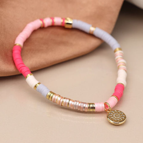 Sunny Pink Mix Fimo Bead and Pom Charm Bracelet