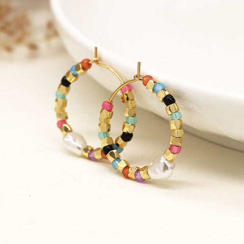 Multicolour Bead, Gold and Pearl Hoop Earrings