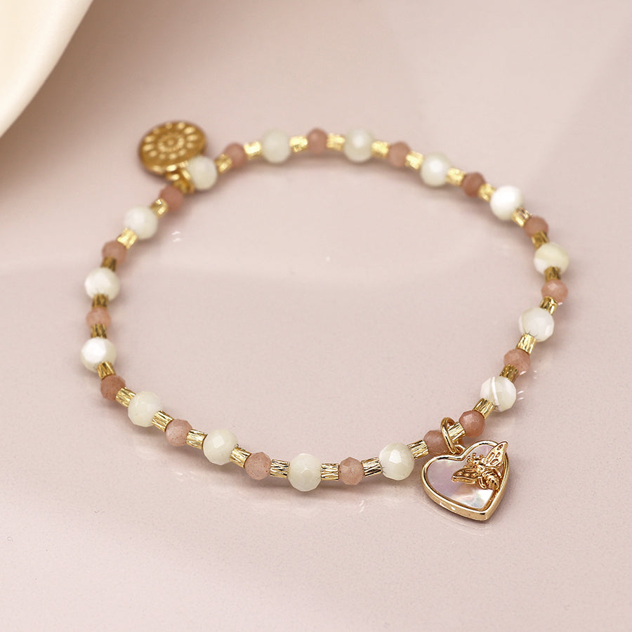 Bead Bracelet with Heart and Bee Charm