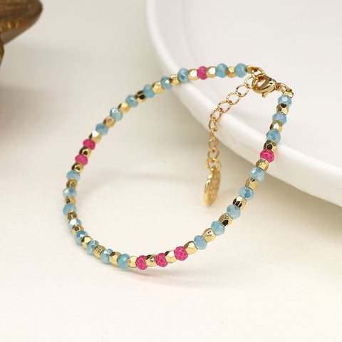 Aqua, Pink and Gold Faceted Bead Bracelet