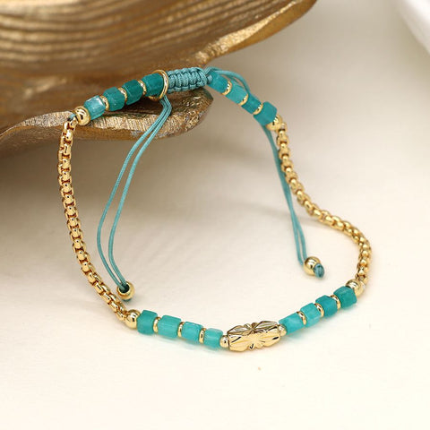 Golden Chain and Aqua Bead Adjustable Bracelet