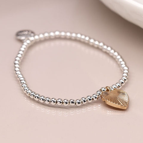 Silver Bead and Golden Embossed Heart Bracelet