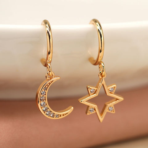 Gold Star & Moon Crystal Set Earrings