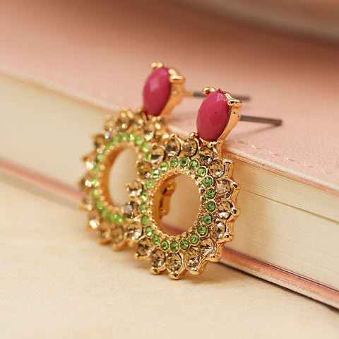 Pink Stone & Green Crystal Earrings