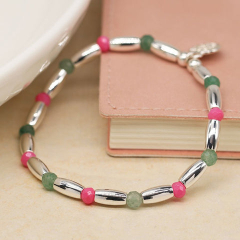Silver Oval, Green & Pink Beaded Bracelet