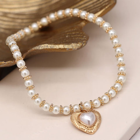 Pearl & Golden Spacer Bracelet With Heart Charm