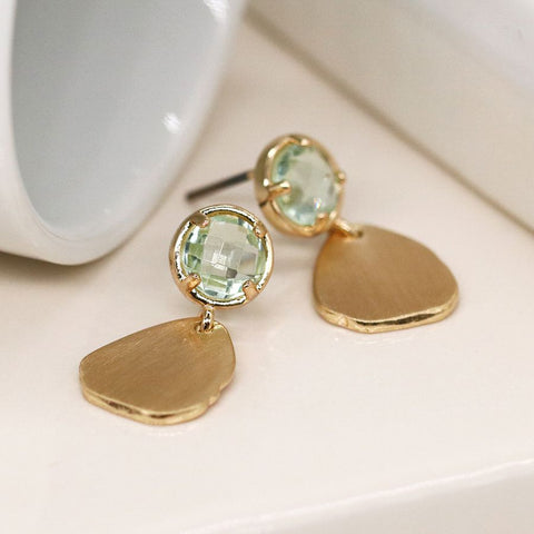 Golden Brushed Drop & Aqua Crystal Earrings