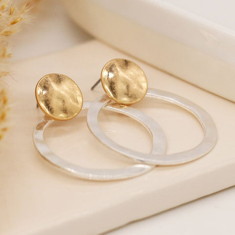 Golden Organic Disc & Silver Hoop Earrings