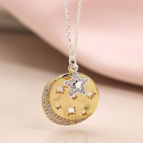 Silver Necklace With Cut Out Stars Crystal Disc