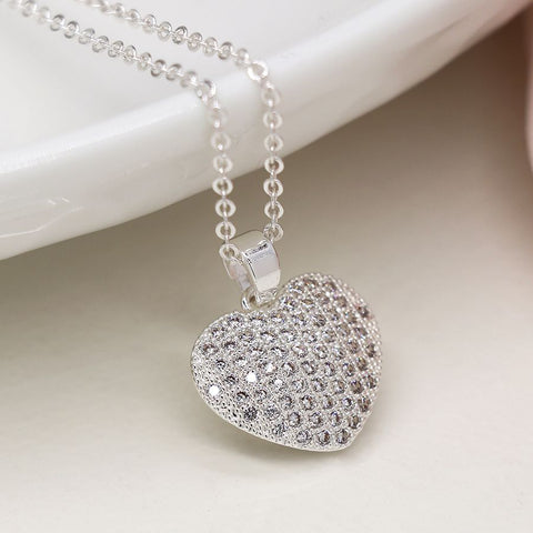 Silver Necklace With A Pavé Crystal Heart