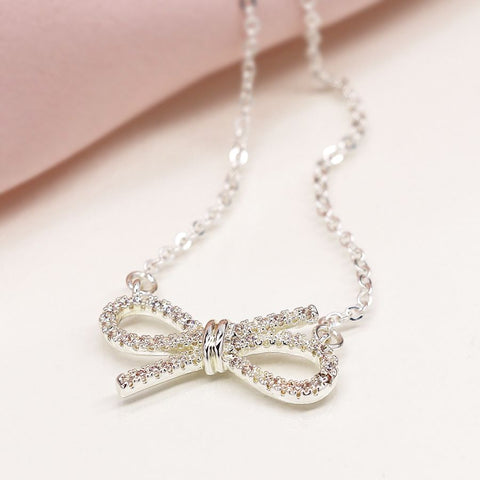 Silver Necklace With Crystal Bow