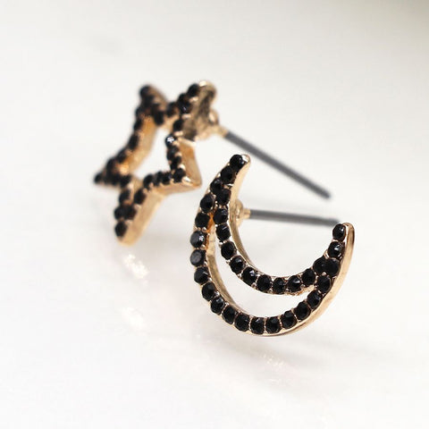 Mismatched Star And Moon Earrings With Black Crystals