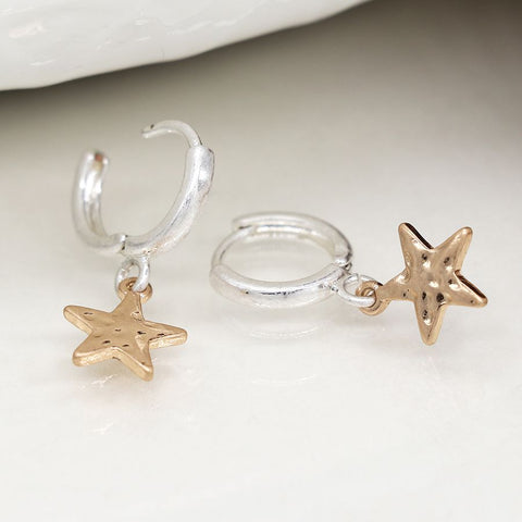 Worn Hoop Earrings With Gold Hammered Stars