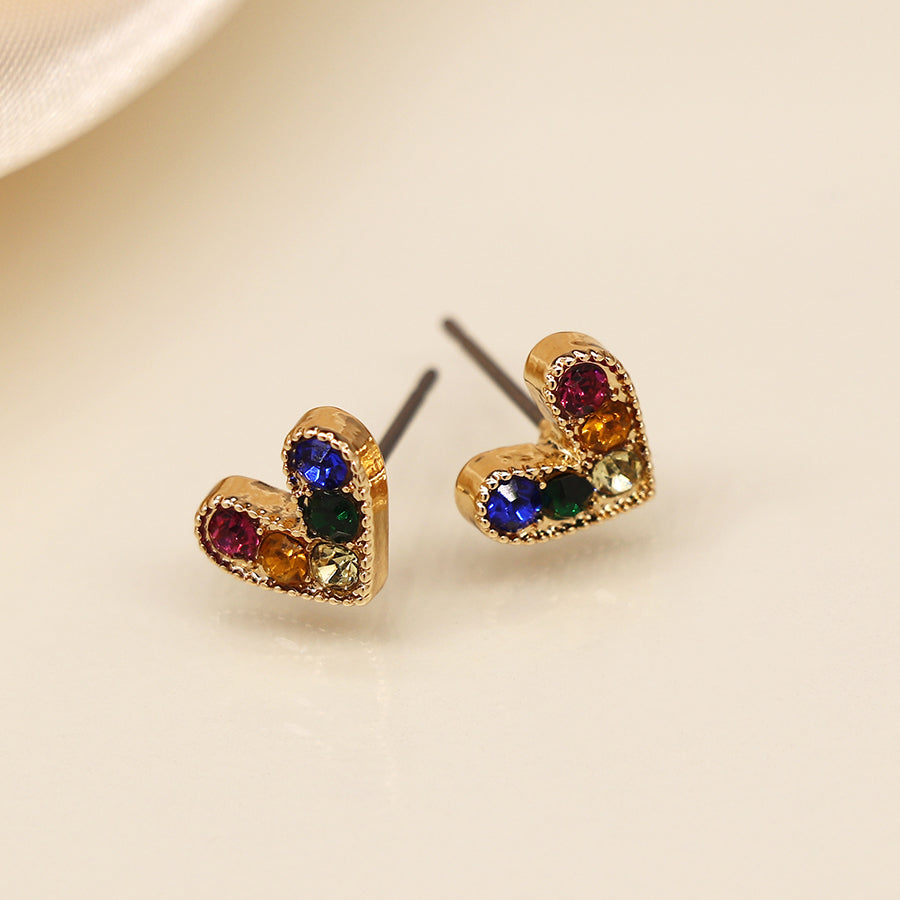 Golden Multicolour Crystal Heart Stud Earrings