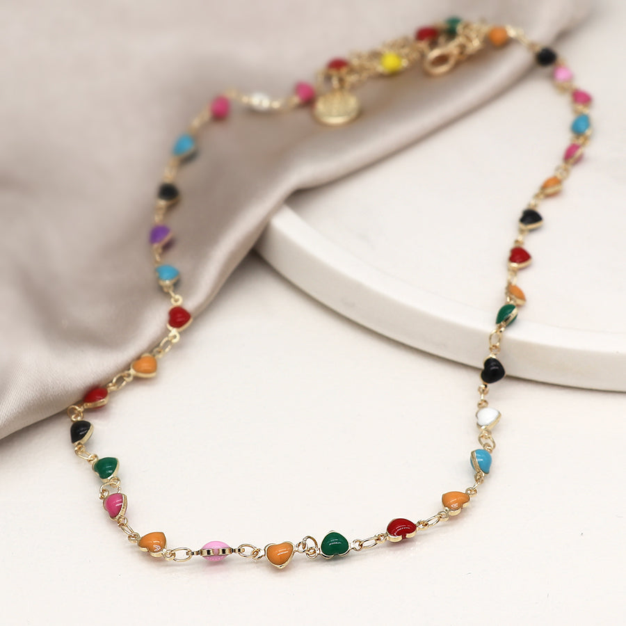 Golden And Multicolour Enamel Hearts Necklace