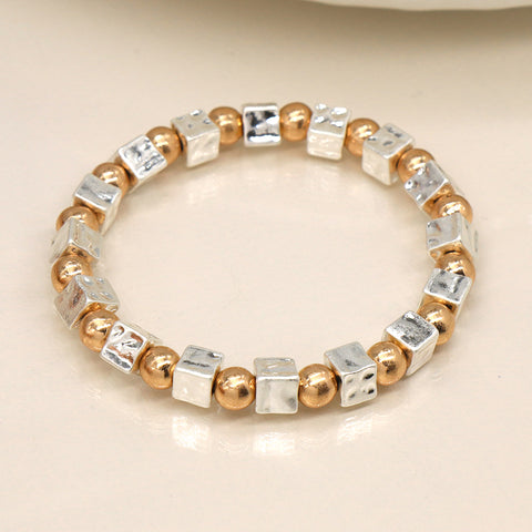 Silver Plated Cube And Gold Bead Bracelet
