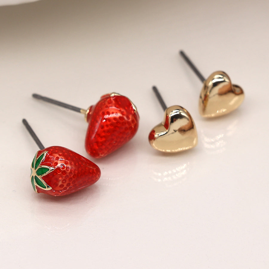 Strawberry And Golden Heart Stud Earring Set