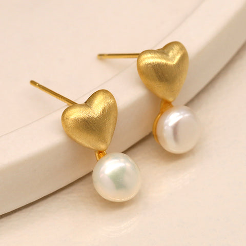Brushed Gold Heart And Pearl Stud Earrings