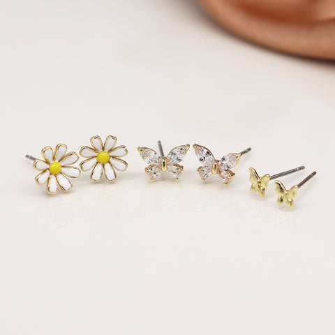 Golden Triple Flower And Butterfly Stud Set