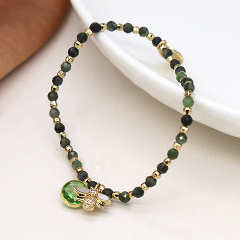 Green & Gold Stretchy Beads Bracelet With Crystal & Bee Charm