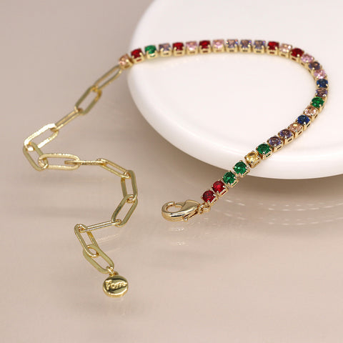 Golden Link And Clasp Bracelet With Multicoloured Crystal