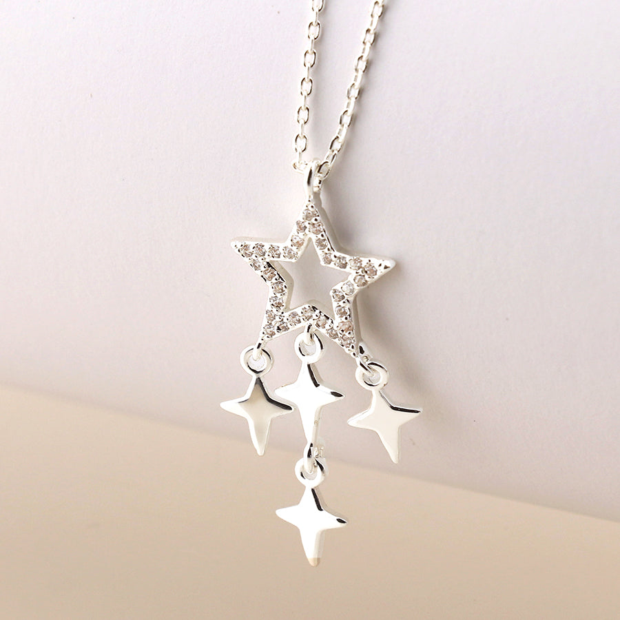 Silver Fine Chain Necklace With Mulit Crystal Star Pendant