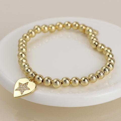 Golden Beaded Bracelet with Heart Charm & Pave Crystal Star
